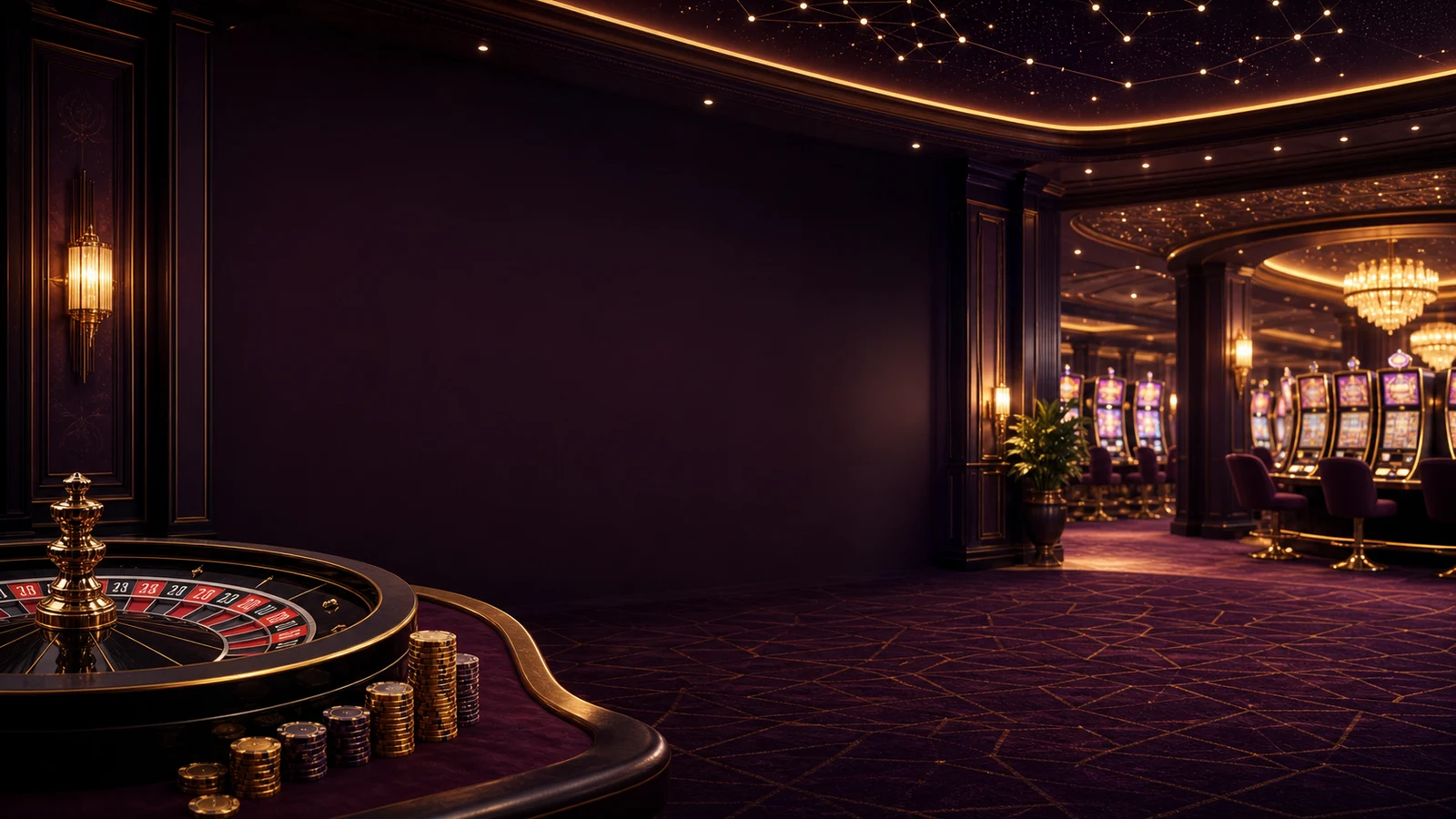Aubergine casino hall with roulette table, gold chips and glowing game cabinets